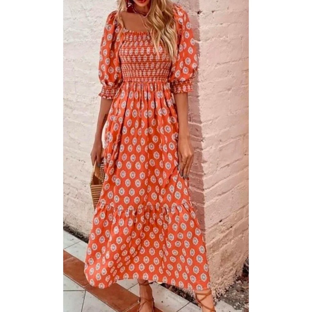 Collection by Cezele Orange Medallion Smocked Maxi Dress Square Neck Large NWT